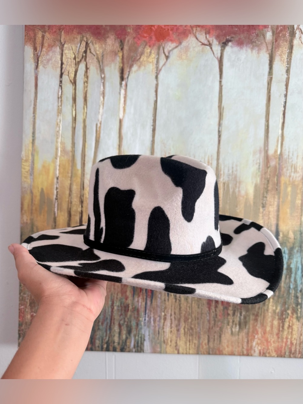 Wide Brim Cow-Print Felt Hat - Black & White